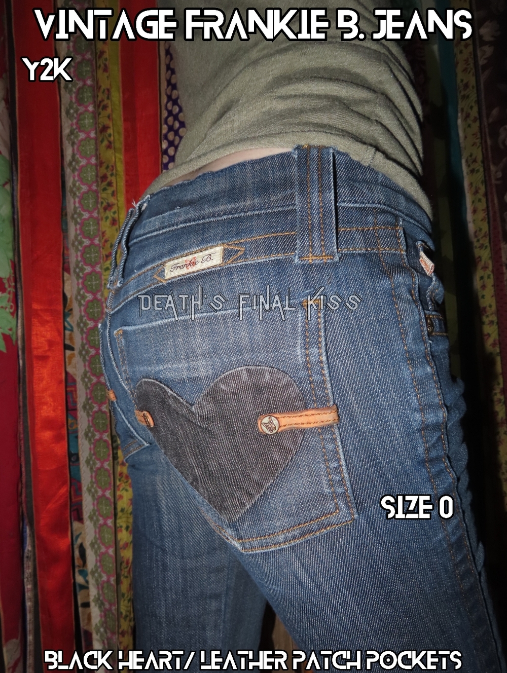 Y2K 🖤 HTF Frankie B. Ultra Low Rise Jeans Black Heart Leather Patched Pockets 0 - Picture 3 of 11